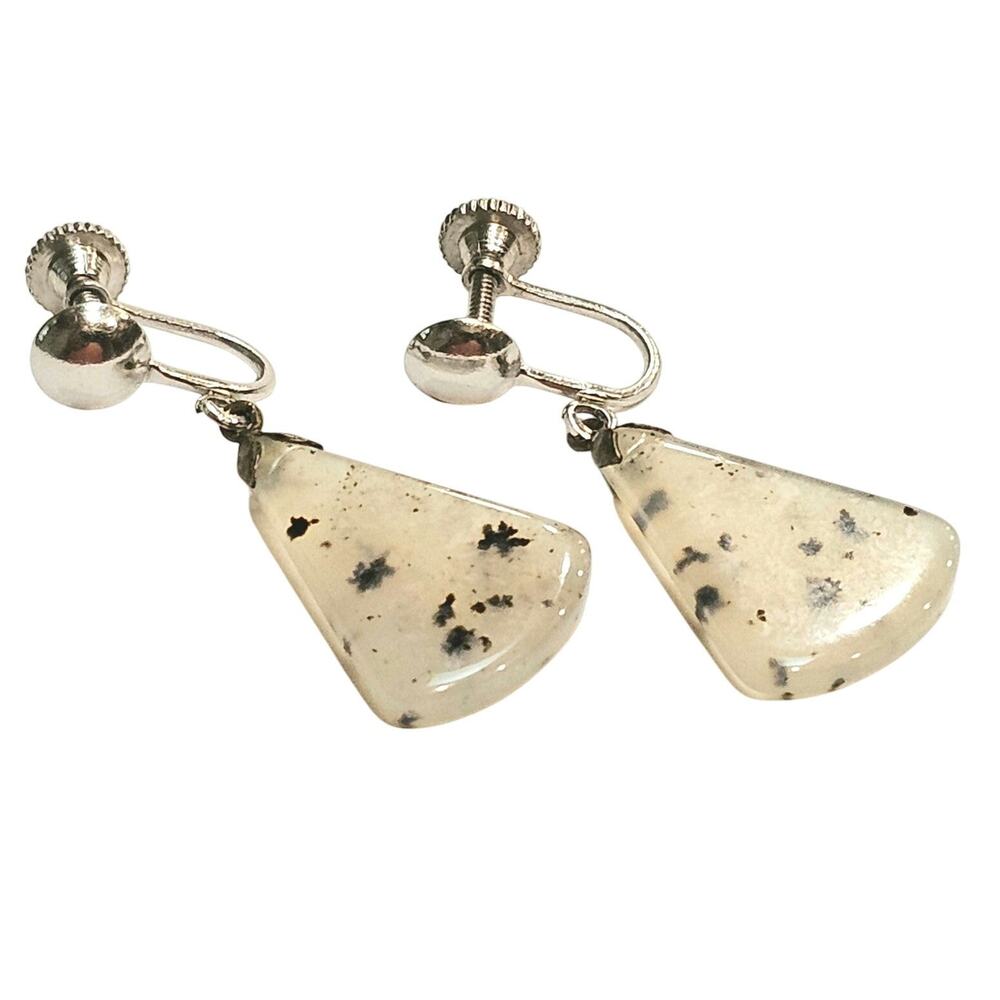 Vintage Dendritic Agate Drop Screw-Back Earrings